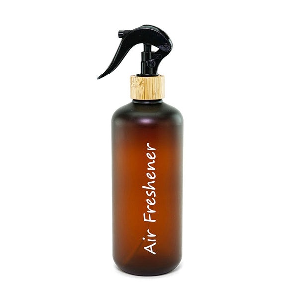 Frosted Amber Spray Bottle W/ Bamboo Neck - Black Sprayer