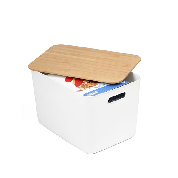 White Storage Tub W/ Bamboo Lid - Large